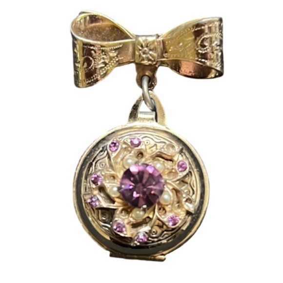 Vintage Coro Gold Plated Purple Crystal Rhinestone Bow Charm Locket Brooch - Picture 3 of 5
